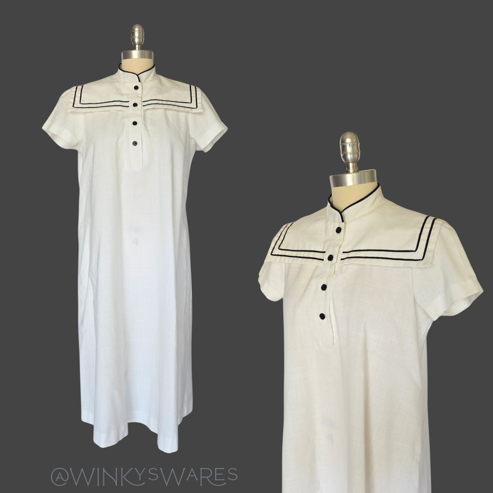 Vintage 80s Mothercare Maternity Dress Size S White Sailor Collar Nautical